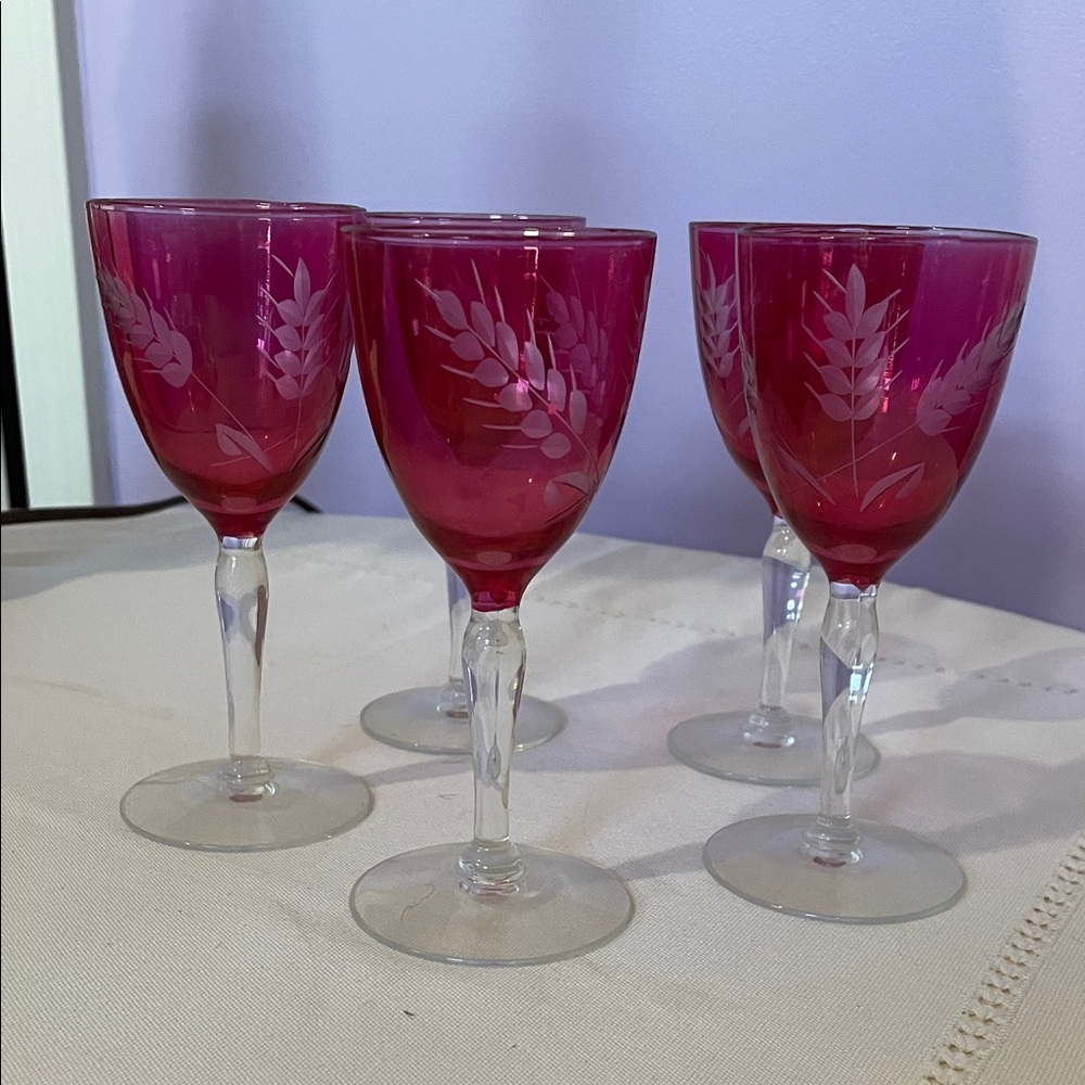 Cranberry Wine Glass Set with etched wheat pattern